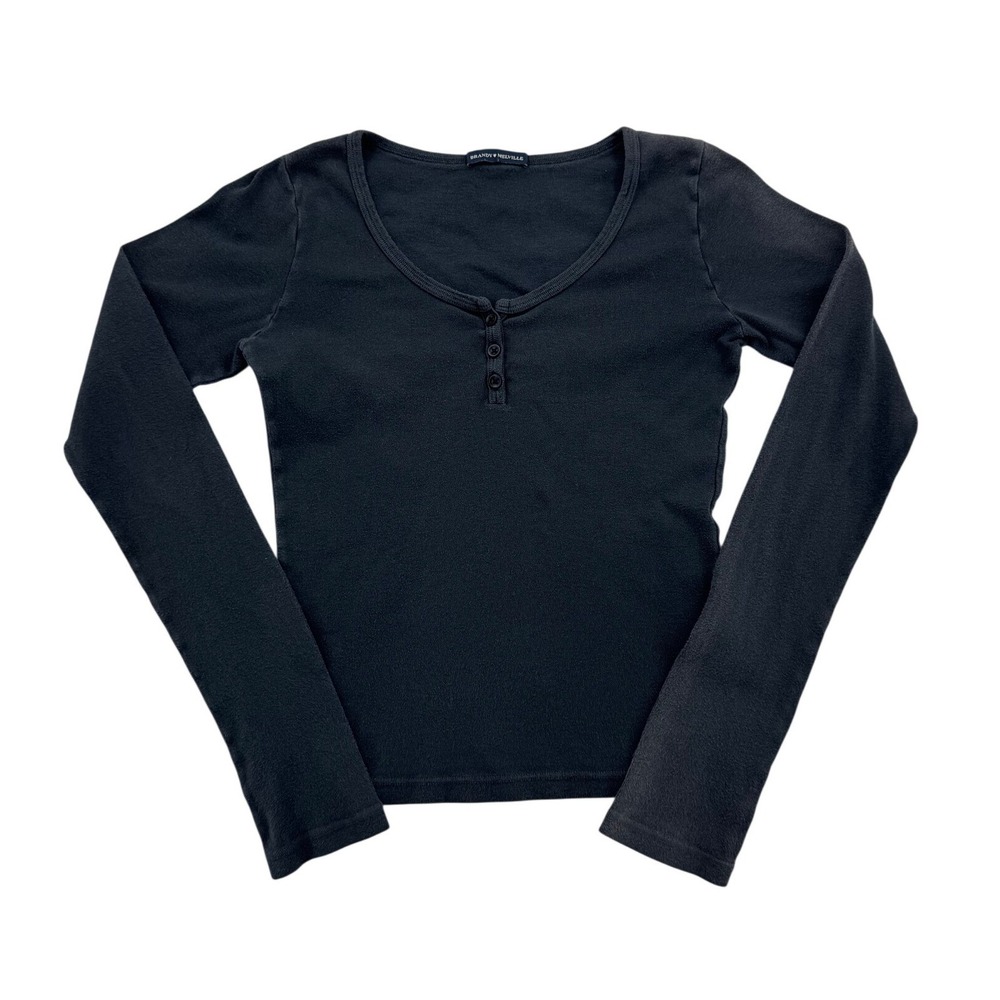 Brandy Melville Henley Top Women OS Black Fair Faded Long Sleeve Ribbed Italy